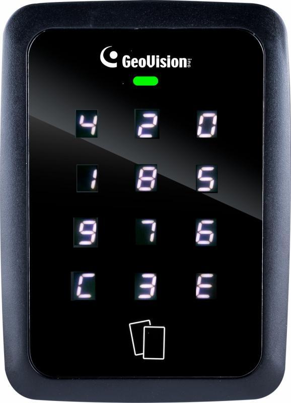GeoVision 13.56 MHz Wiegand és RS-485 kódoló billentyűzet-olvasó, számbillentyűi véletlenszerű sorrendben jelennek meg