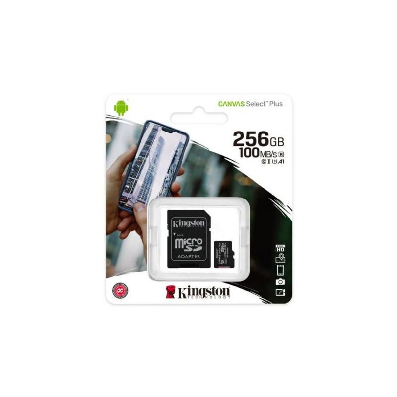 Kingston Canvas Select Plus micro SDHC 256GB Class 10 UHS-I Memóriakártya + SD adapter, 100 MB/s olvasási sebesség