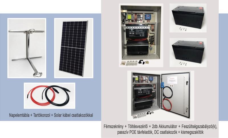 SolarBox szett, 2 kamerához, 1 mikrohullámú eszközhöz, 12V, 16W fogyasztású napelemes sziget üzemű rendszer