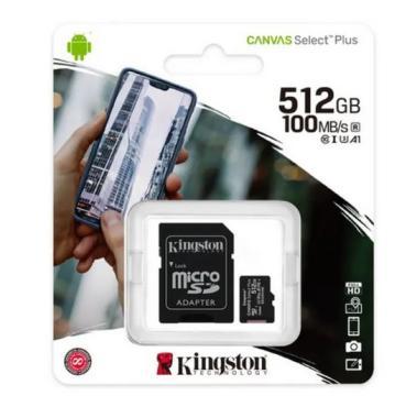 Kingston Canvas Select Plus micro SDHC 512GB Class 10 UHS-I Memóriakártya + SD adapter, 100 MB/s olvasási sebesség