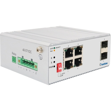 GeoVision 4+2 port ipari PoE switch, 4 Gigabit PoE+, 2 Gigabit SFP, 125W, VLAN