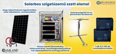 SolarBox univerzális szett, 4 kimenettel, kamerákhoz és mikrohullámú eszközökhöz, 12/24/48V, 16W fogyasztású napelemes sziget üzemű rendszer