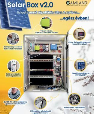 SolarBox univerzális szett, 4 kimenettel, kamerákhoz és mikrohullámú eszközökhöz, 12/24/48V, 16W fogyasztású napelemes sziget üzemű rendszer