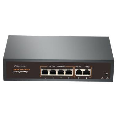 Videoses 4+2 port asztali PoE switch, 4 PoE + 2 Uplink (78 W)