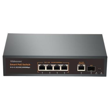 Videosec 4+1+1 asztali Gigabit PoE switch, 4xPoE + 1+1 Ethernet/SFP Uplink port, max 78 W