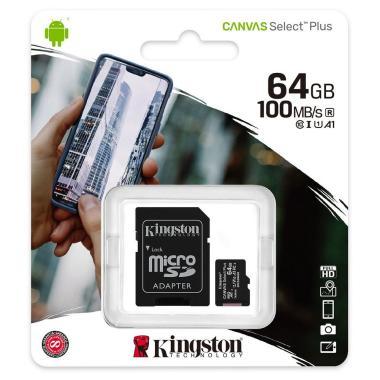 Kingston Canvas Select Plus micro SDHC 64GB Class 10 UHS-I Memóriakártya + SD adapter, 100 MB/s olvasási sebesség